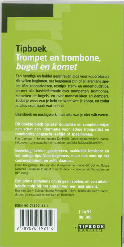 Achterkant van Tipboek trompet en trombone, bugel en kornet