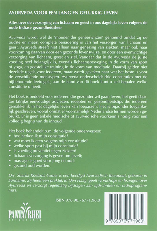Achterkant van Ayurveda voor een lang en gelukkig leven