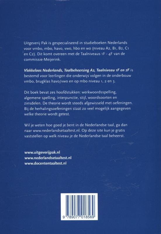 Achterkant van Taalbeheersing A2 taalniveau 1F en 2F