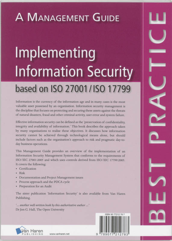 Achterkant van Implementing Information Security ISO27001 and BS7799: A Management Guide