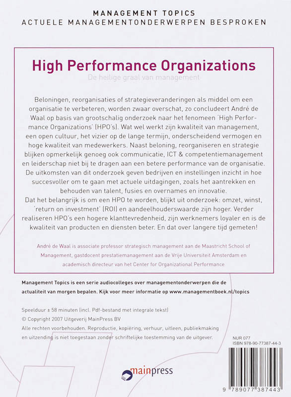 Achterkant van Andre de Waal over High Performance Organizations