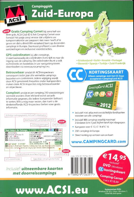 Achterkant van ACSI Campinggids Zuid-Europa 2012