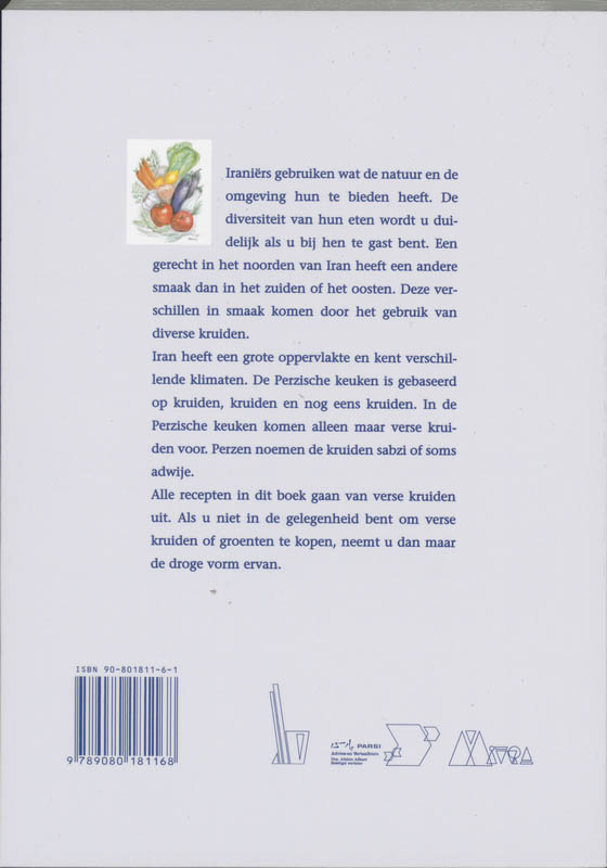 Achterkant van Perzisch kookboek voor de Nederlandse keuken