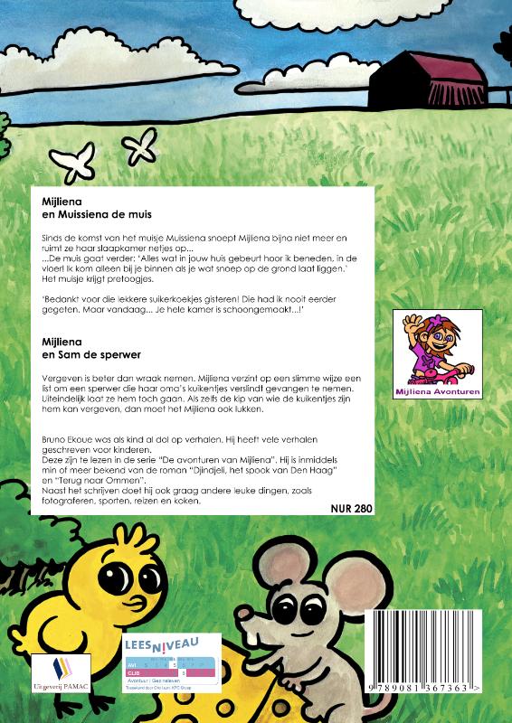 Achterkant van Mijliena en Muissiena de muis Mijliena en Sam de sperwer