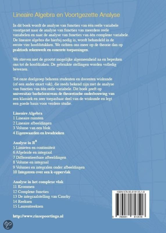 Achterkant van Lineaire Algebra en Voortgezette Analyse