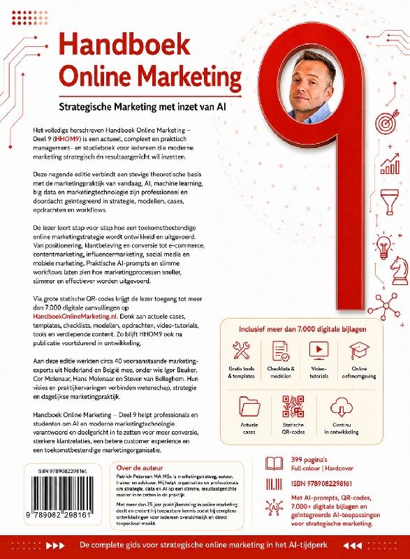 Achterkant van Handboek Online Marketing 9 + bijlagen, cases, AI prompts, oefensysteem