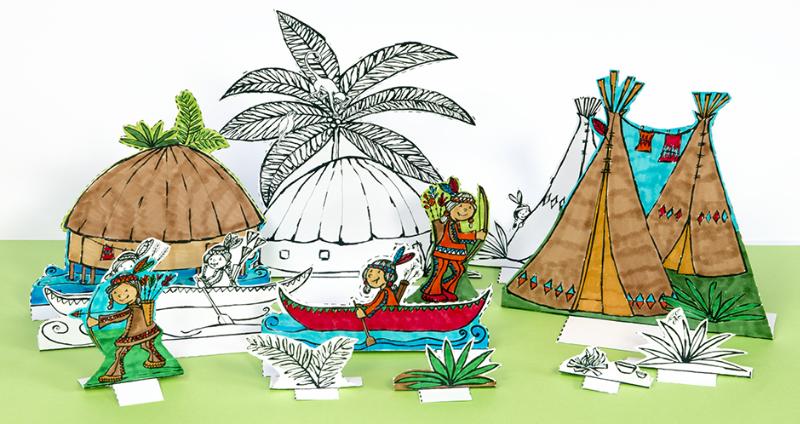 Achterkant van Kleur en knip je eigen jungle indianendorp