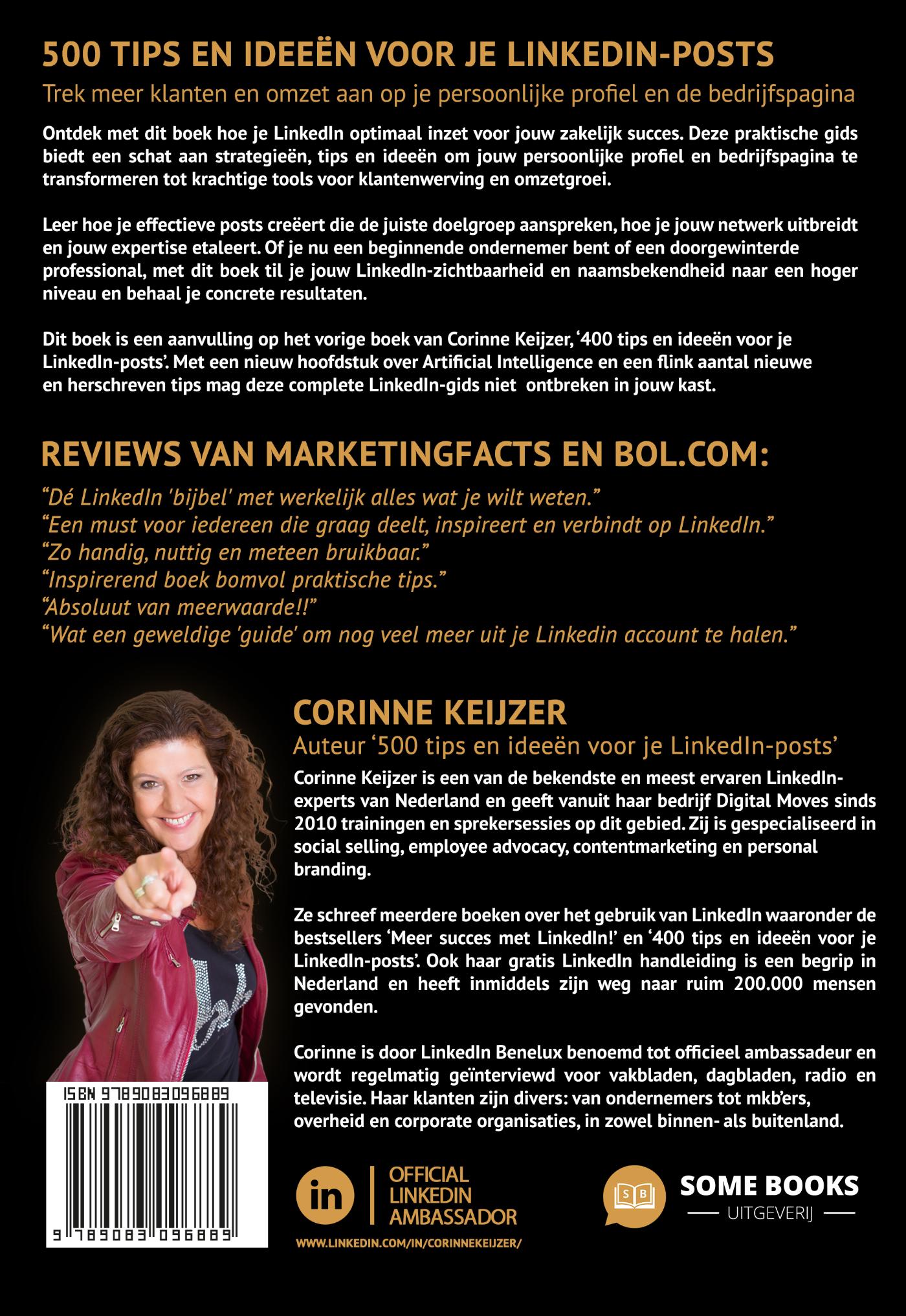 Achterkant van 500 tips en ideeën voor je LinkedIn-posts