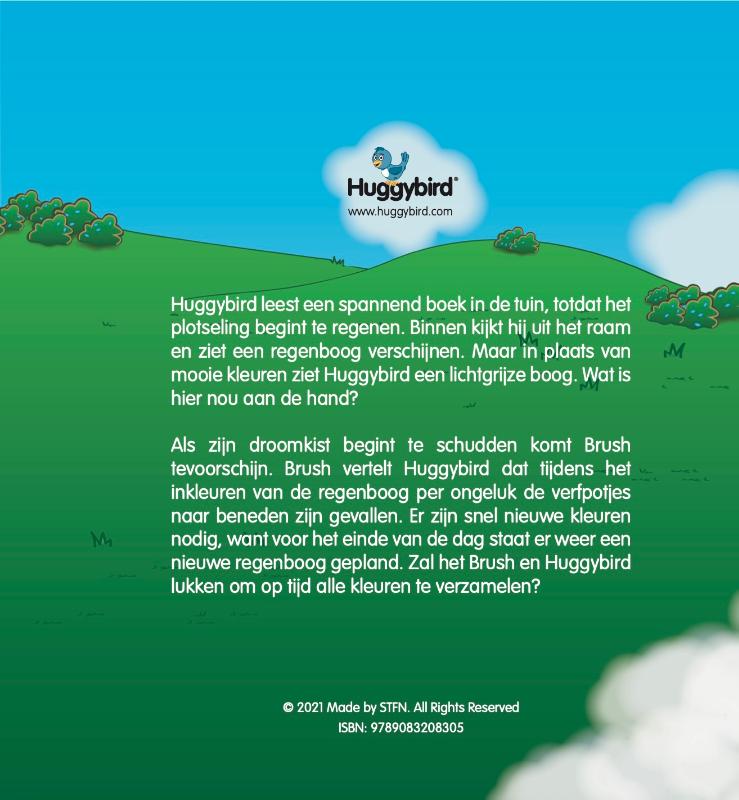 Achterkant van Huggybird en de regenboog zonder kleuren