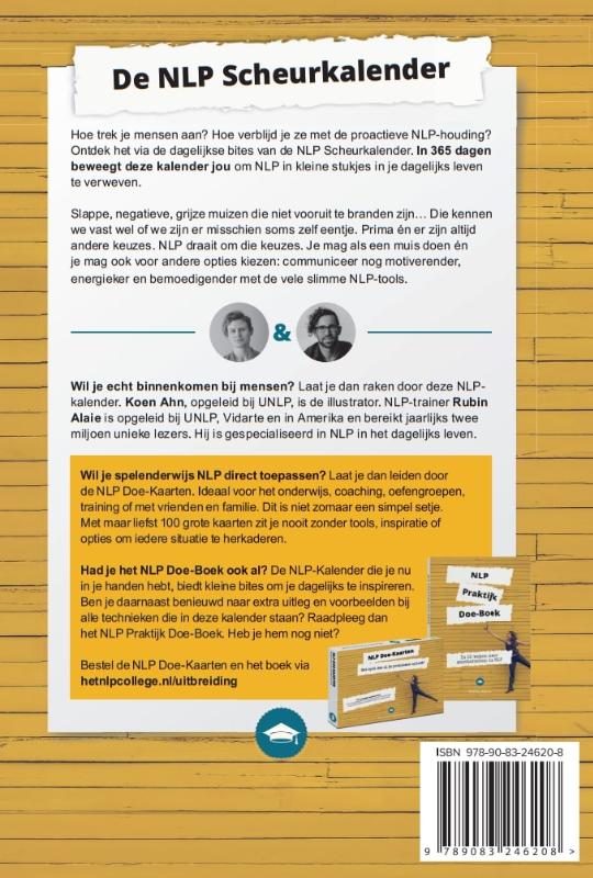 Achterkant van De NLP Scheurkalender: Leuker dan een NLP Boek - 365 Dagen Persoonlijke Ontwikkeling & Communicatietechnieken - Door Hetnlpcollege.nl