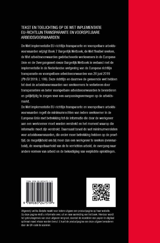 Achterkant van Tekst en Toelichting op de wet implementatie EU-richtlijn transparante en voorspelbare arbeidsvoorwaarden