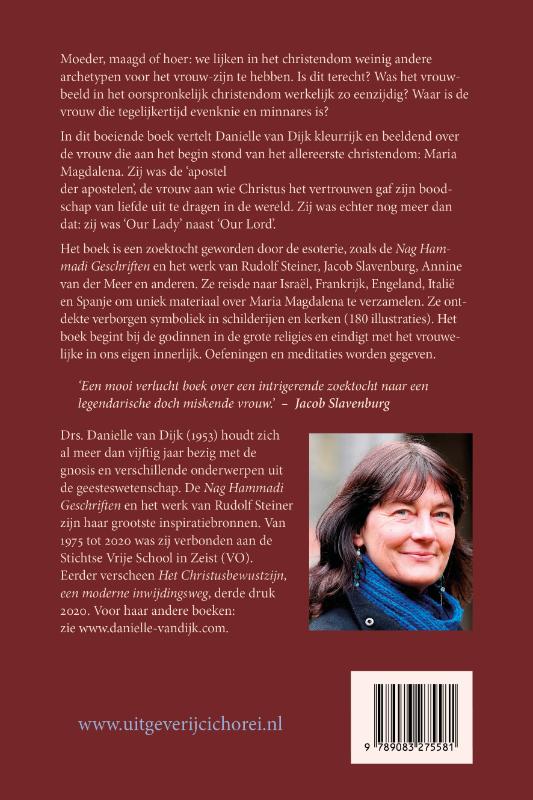Achterkant van Maria Magdalena, vrouw naast Jezus