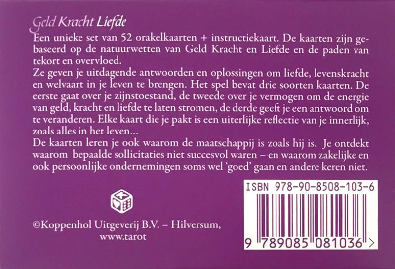 Achterkant van Geld Kracht Liefde, orakelkaarten