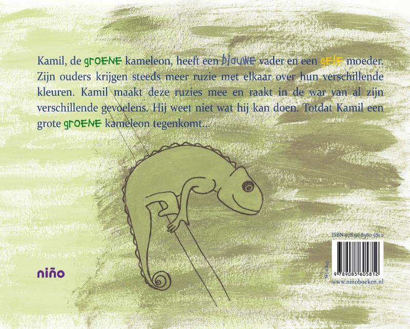 Achterkant van Kamil, de groene kameleon