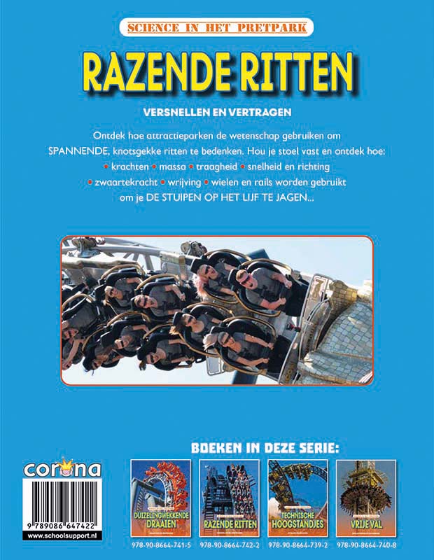 Achterkant van Razende ritten - versnellen en vertagen, Science in het pretpark