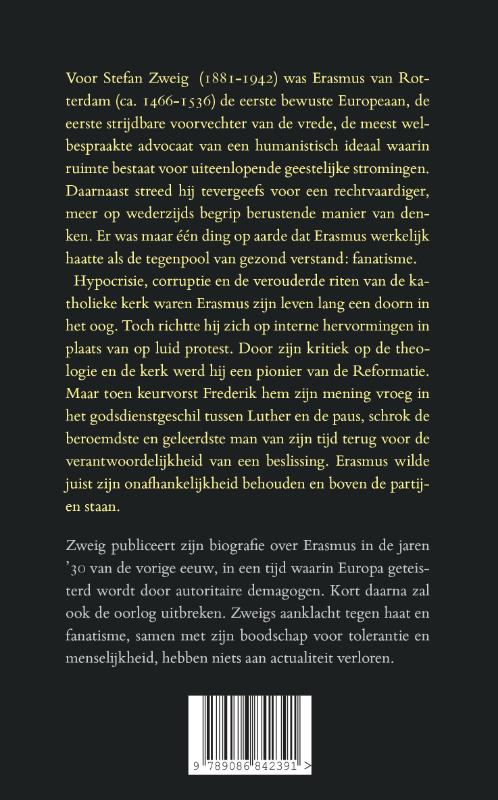 Achterkant van Triomf en tragiek van Erasmus van Rotterdam