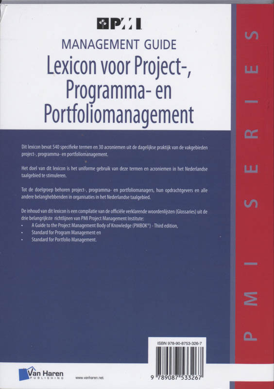 Achterkant van Lexicon voor project-, programma en portfoliomanagement