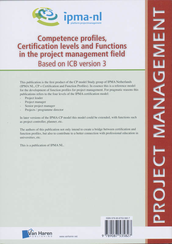 Achterkant van Competence profiles, Certification levels and Functions in project management