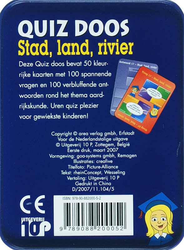 Achterkant van Quiz doos stad, land, rivier