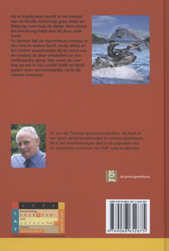 Achterkant van Dolfi, Wolfi en de cowboy op zee