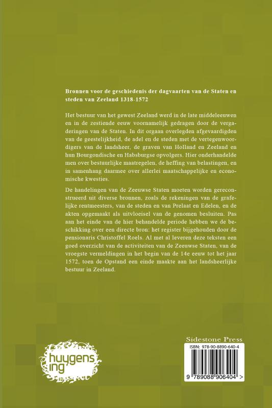 Achterkant van Bronnen voor de geschiedenis der dagvaarten van de Staten van Zeeland 1318 - 1572
