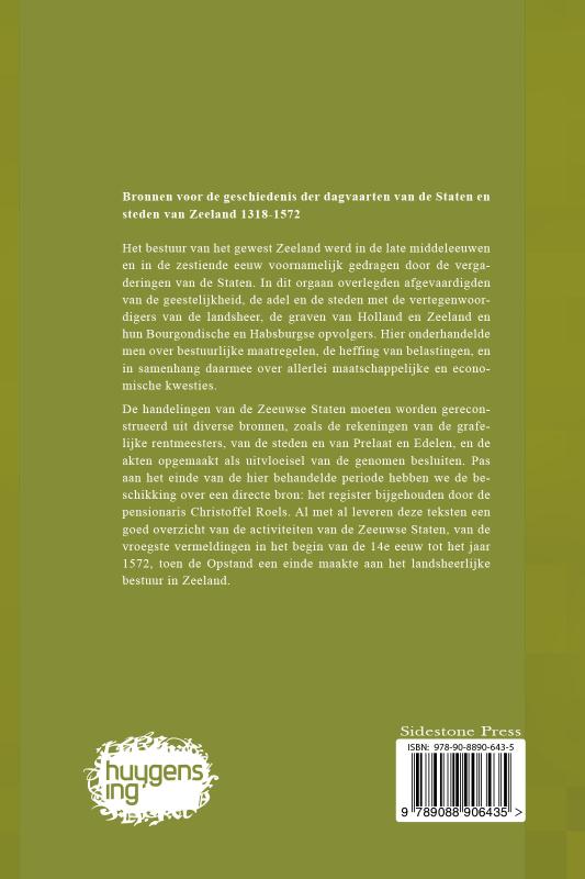 Achterkant van Bronnen voor de geschiedenis der dagvaarten van de Staten van Zeeland 1318 - 1572