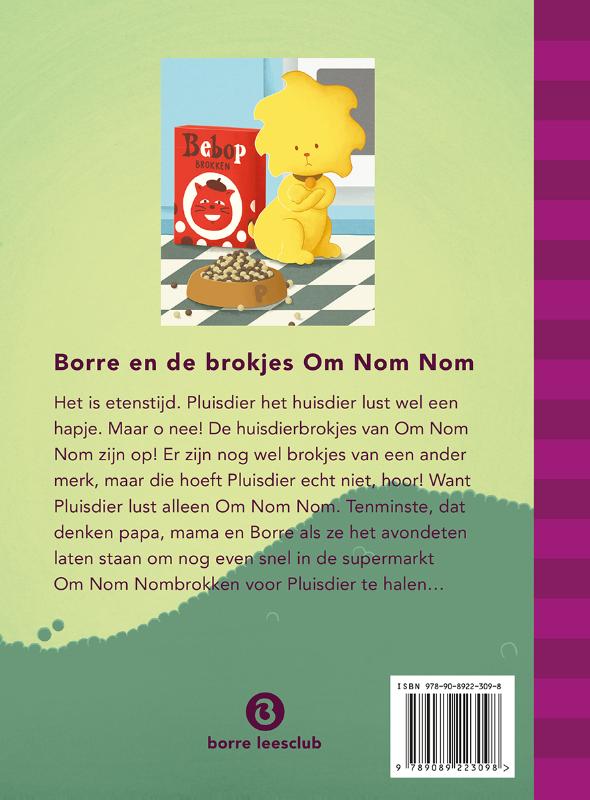 Achterkant van Borre en de brokjes om Nom Nom