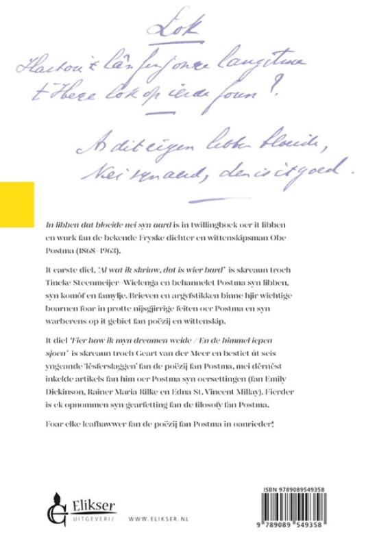 Achterkant van Obe Postma In libben dat bloeide nei syn aard