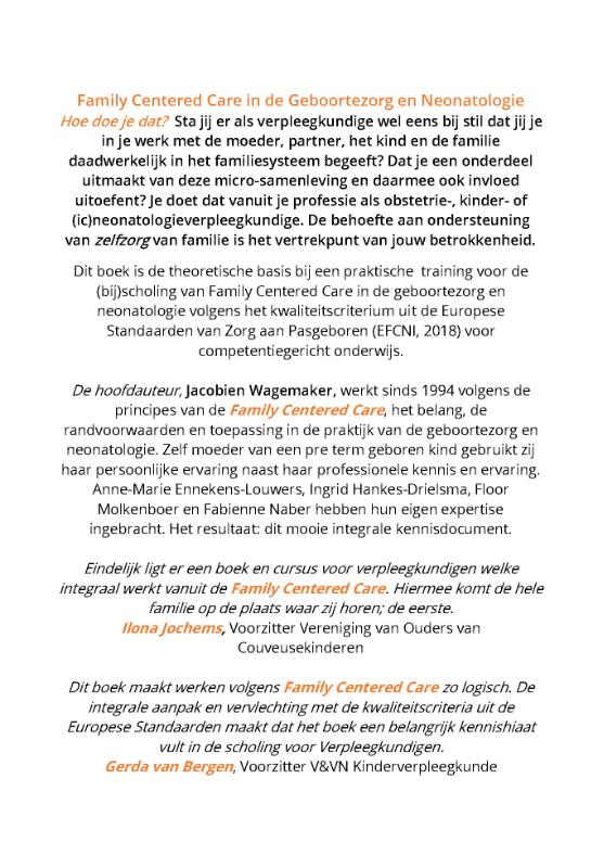 Achterkant van Family Centered Care In de Geboortezorg en Neonatologie