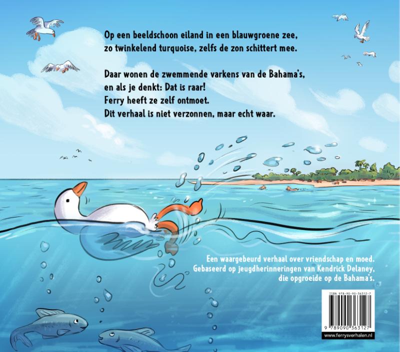 Achterkant van Ferry en de zwemmende varkens