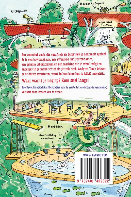 Achterkant van De waanzinnige boomhut van 13 verdiepingen
