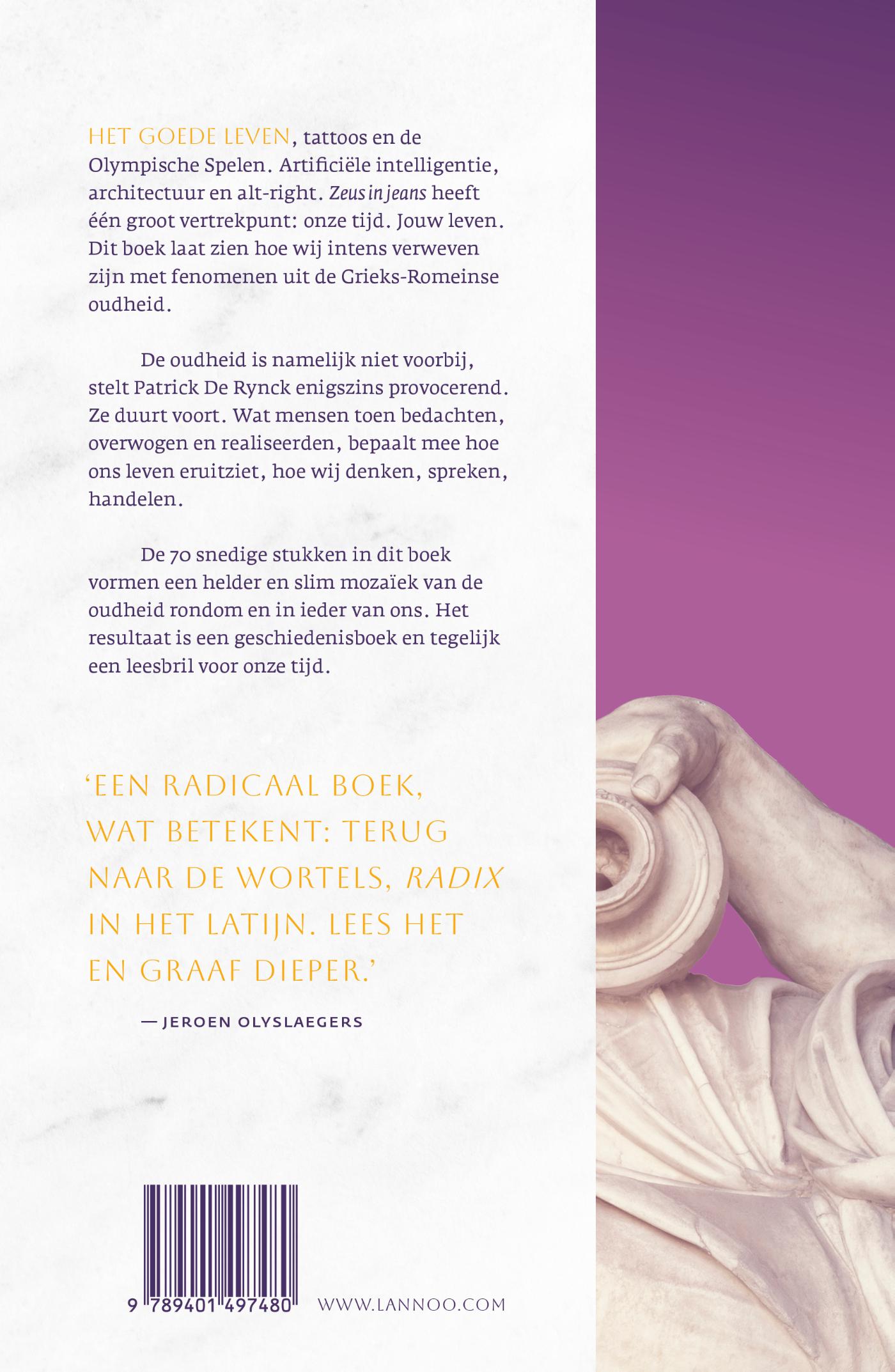 Achterkant van Zeus in jeans