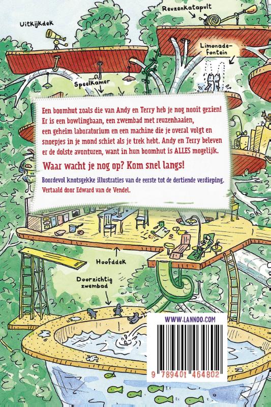 Achterkant van De waanzinnige boomhut van 13 verdiepingen
