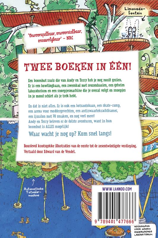 Achterkant van De waanzinnige boomhut van 13 en 26 verdiepingen