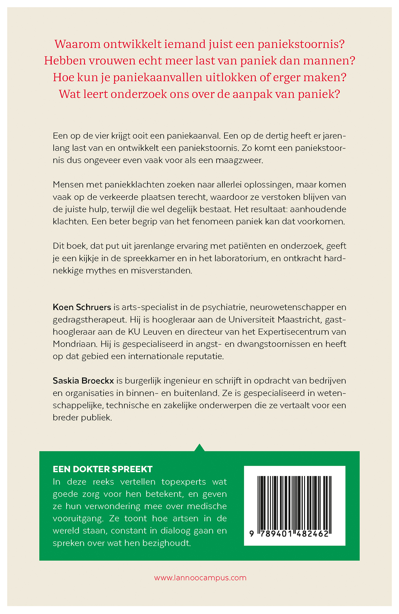 Achterkant van Een dokter spreekt. Paniek