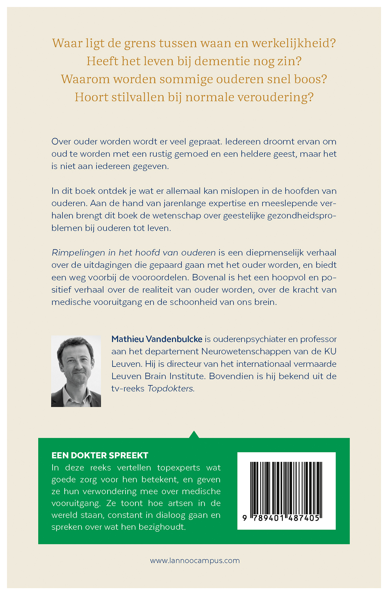 Achterkant van Een dokter spreekt. Rimpelingen in het hoofd van ouderen