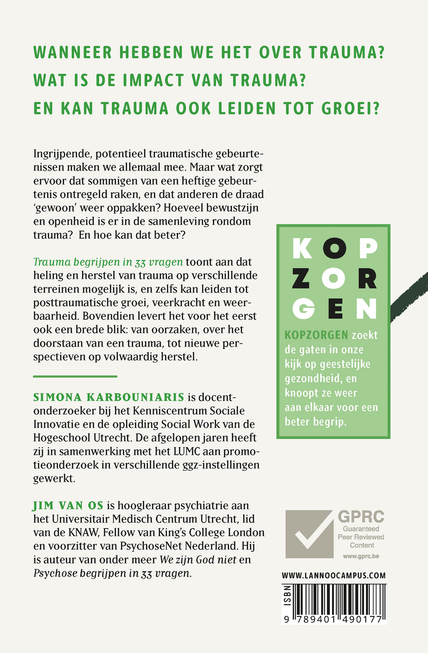Achterkant van Kopzorgen. Trauma begrijpen