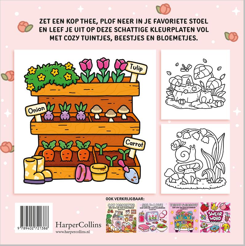 Achterkant van Garden Corners – een cute en cozy kleurboek