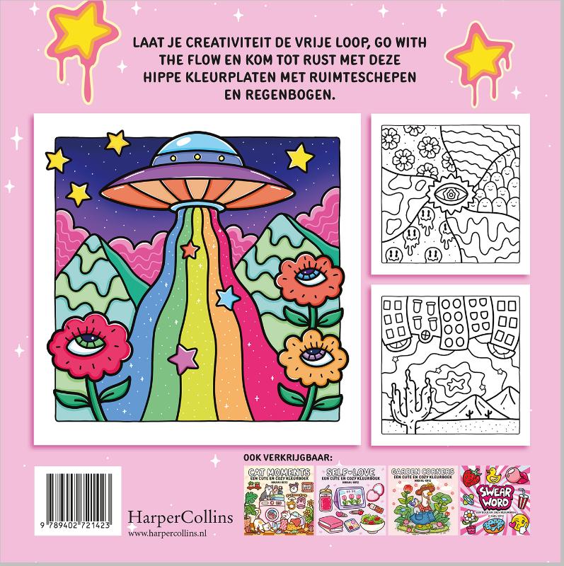Achterkant van Trippy & Groovy – een cool en cozy kleurboek