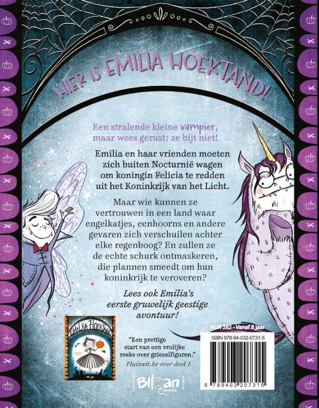 Achterkant van Emilia Hoektand in het rijk van de eenhoorns