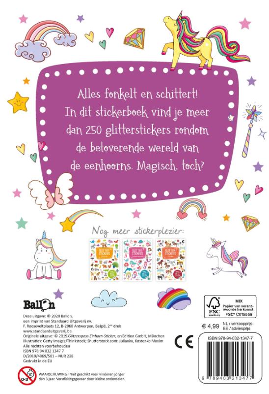 Achterkant van Glitterstickers Eenhoorns