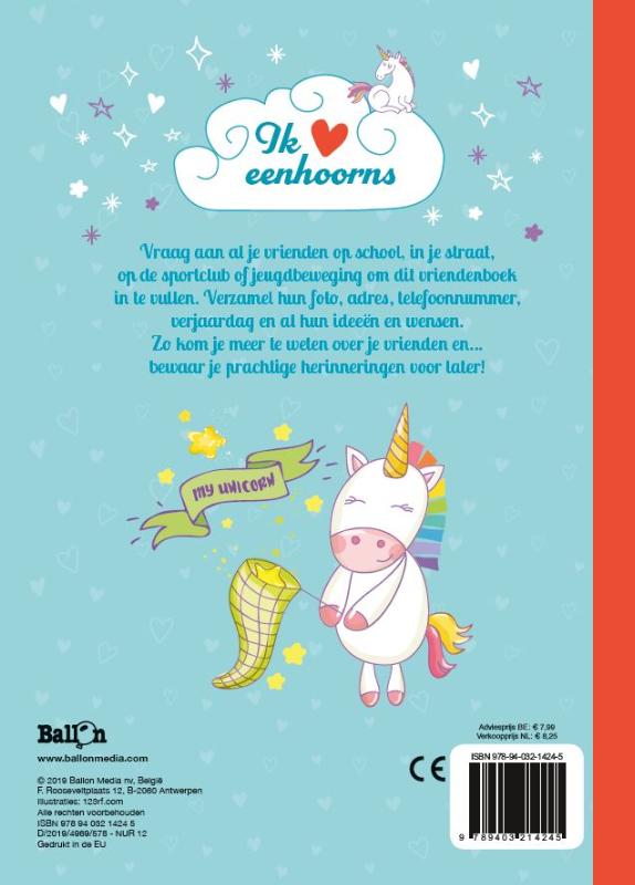 Achterkant van Vriendenboek Ik hou van eenhoorns