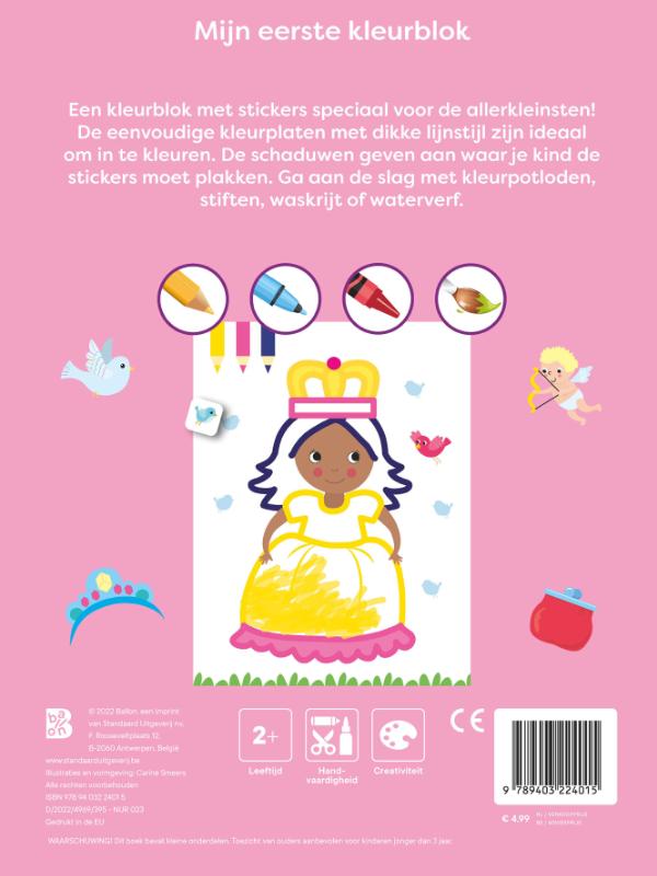Achterkant van Mijn allereerste kleurblok met stickers Prinsessen