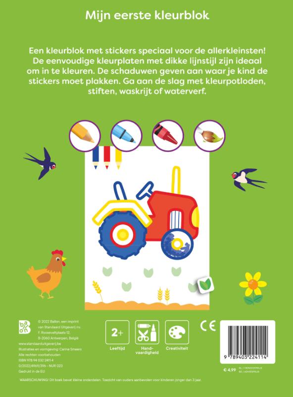 Achterkant van Mijn allereerste kleurblok met stickers boerderij