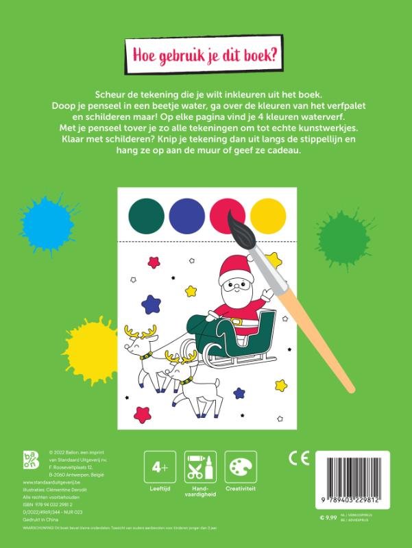 Achterkant van Kleurboek met verfpalet en penseel Kerstmis
