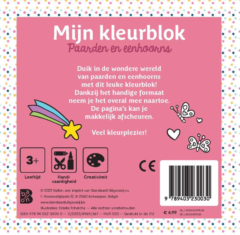 Achterkant van Mijn kleurblok: Paarden en eenhoorns