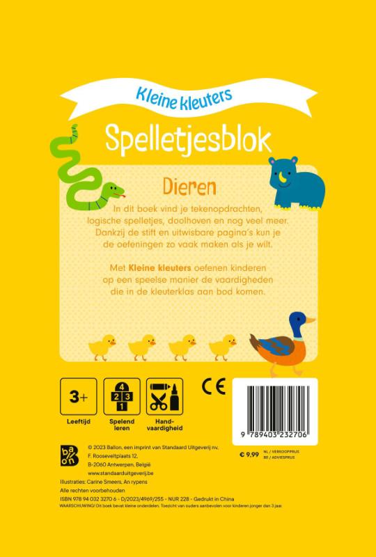 Achterkant van Spelletjesblok met viltstift 3+ Dieren