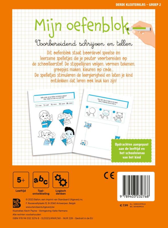 Achterkant van Mijn oefenblok: Voorbereidend schrijven en tellen (Derde kleuterklas - groep 2)