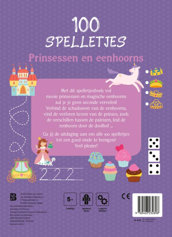 Achterkant van 100 spelletjes 5+ Prinsessen en eenhoorns