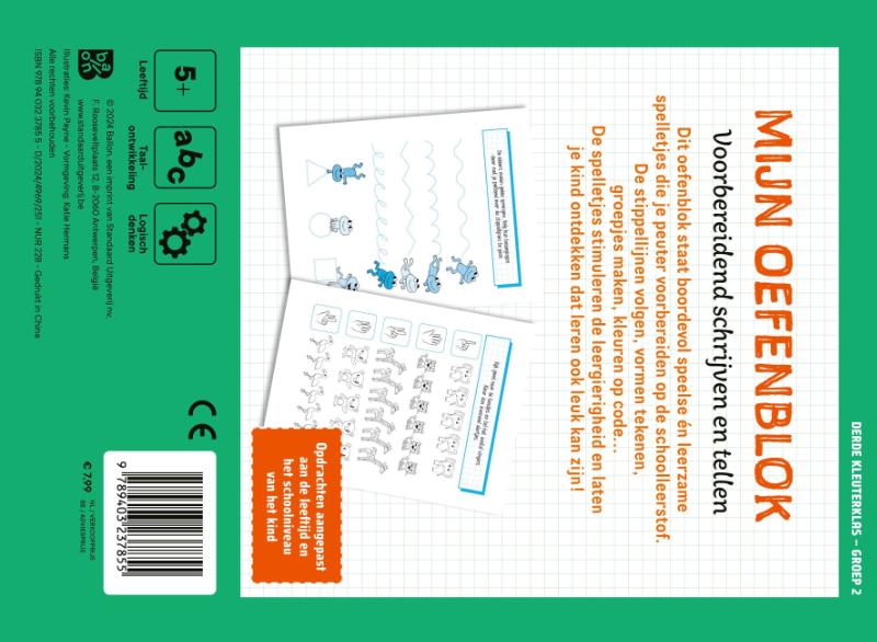 Achterkant van Mijn oefenblok: Voorbereidend schrijven en tellen